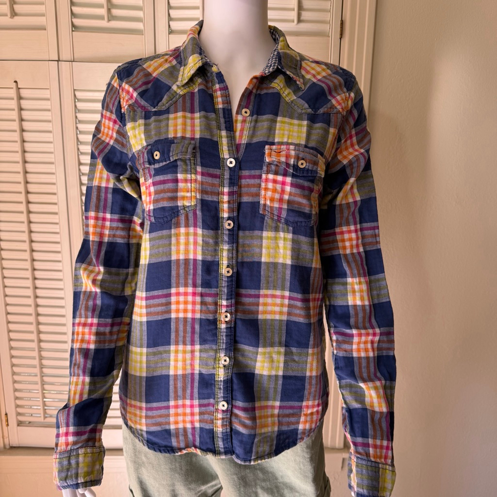 Hollister Plaid Button-Down Shirt in Navy, Yellow & Orange